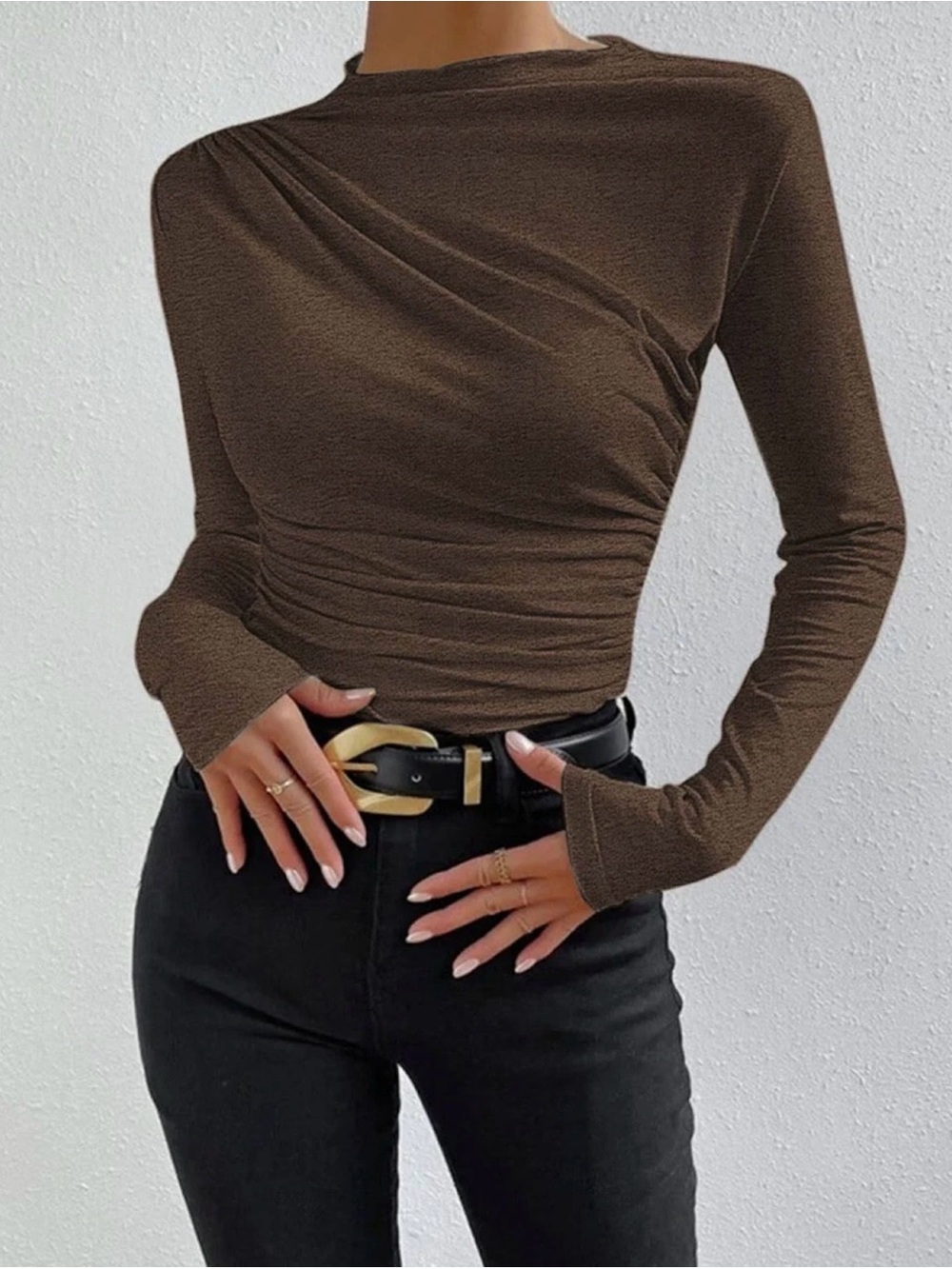 Commense Brown Ruched Long-Sleeve Crewneck Top